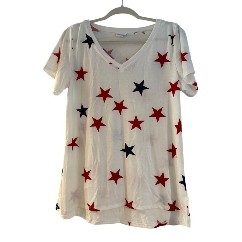 LuLaRoe‎ Women's White Red Blue Stars V-Neck T-Shirt Top Size L